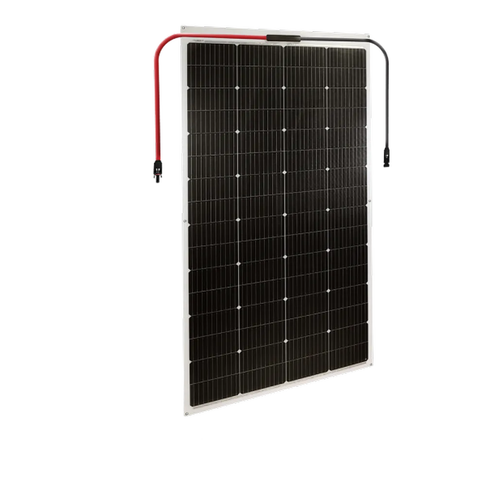 Angled view of AIMS Power 230W flexible monocrystalline solar panel with integrated connector leads for portable solar charging systems.