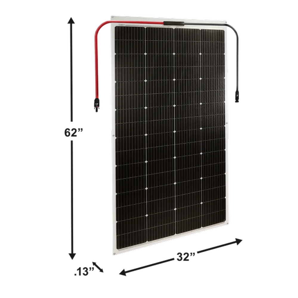 AIMS Power 230W flexible solar panel with dimension callouts showing approximately 62 inches tall, 32 inches wide, and 1/8 inch thick.