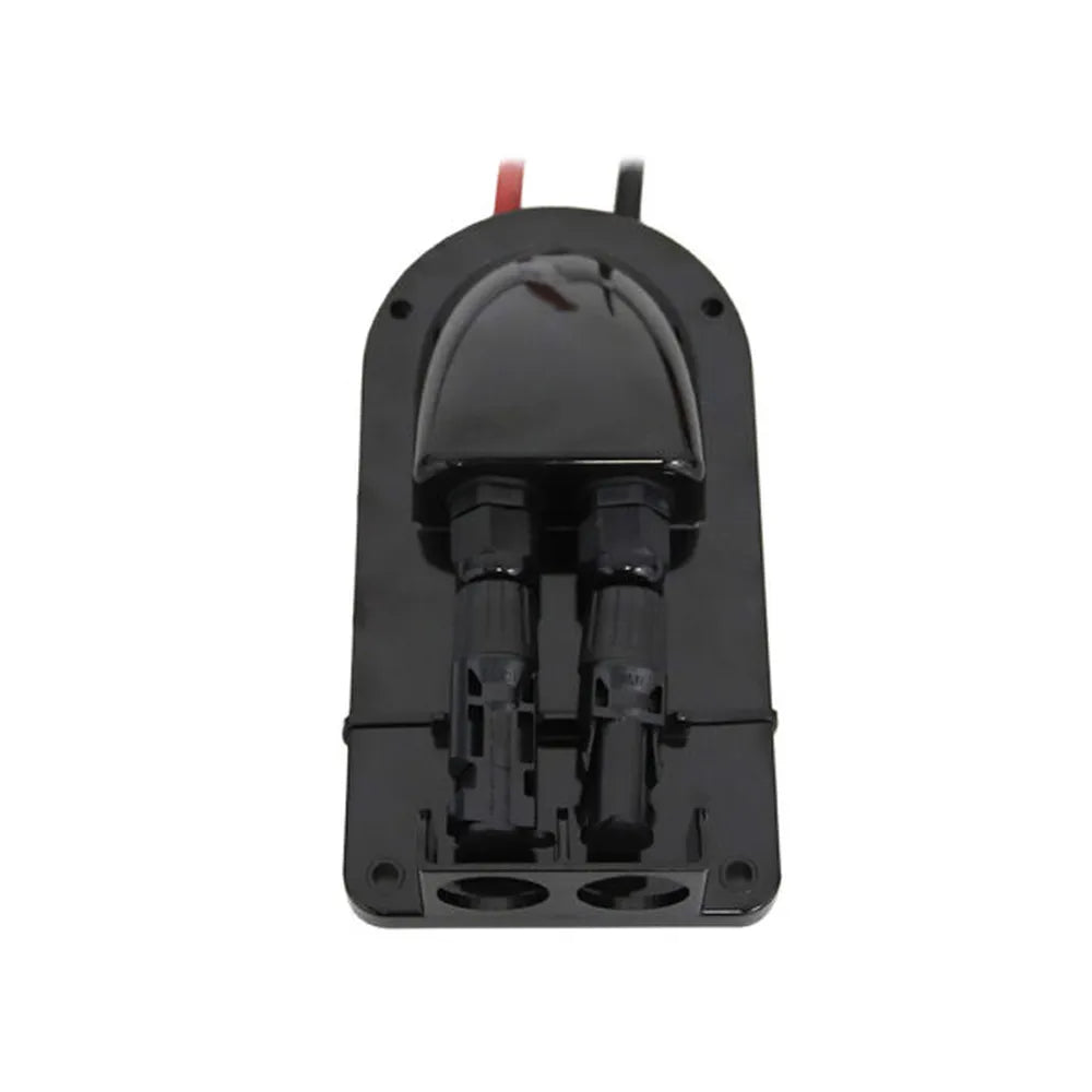 Front view of black AIMS Power MC4 roof cable entry box with two solar connector ports, rounded waterproof cover, and red and black PV wires exiting the rear.