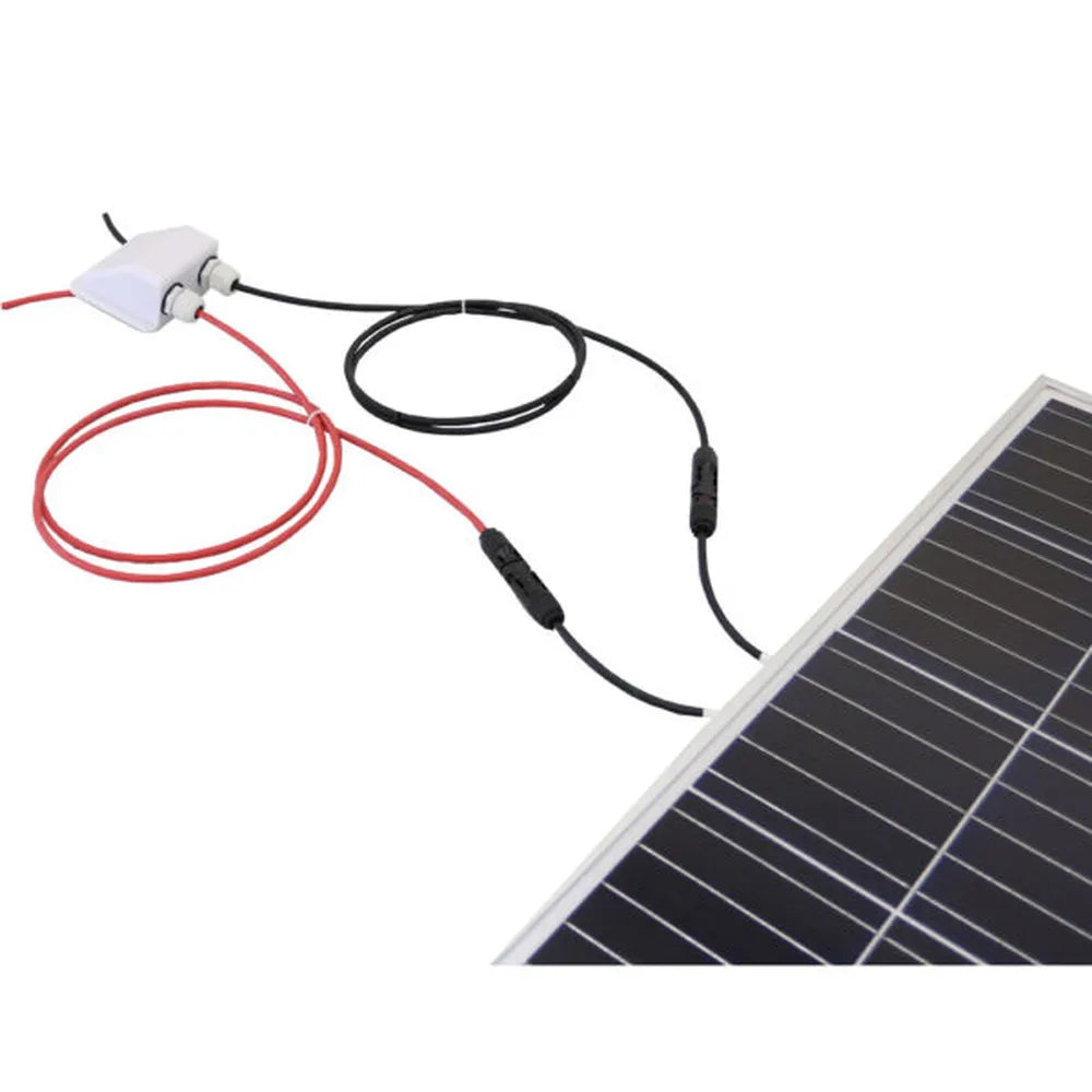 AIMS Power solar double cable entry gland connected to a solar panel with red and black PV wires, MC4-style connectors, and a white rooftop-style cable pass-through housing.