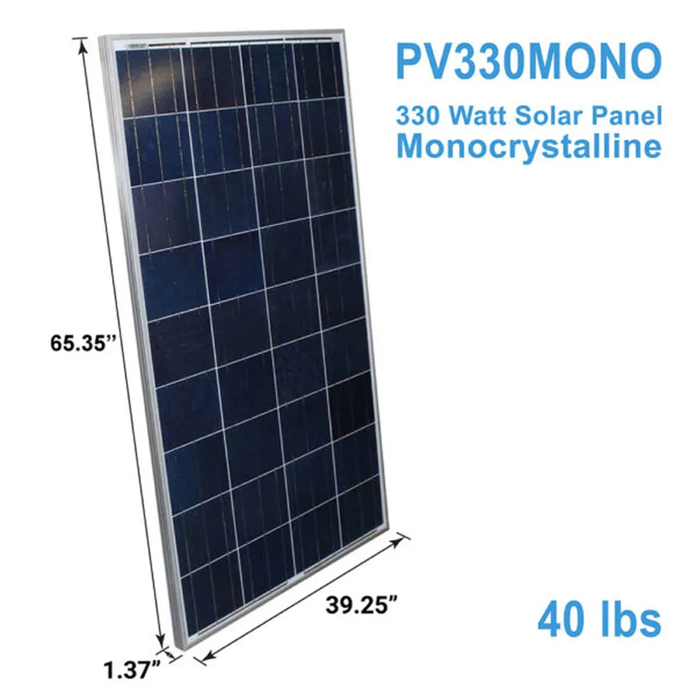 AIMS Power PV330MONO 330 Watt monocrystalline solar panel with dimension callouts showing 65.35 inches tall, 39.25 inches wide, 1.37 inches deep, and 40 lbs weight for renewable energy installations.
