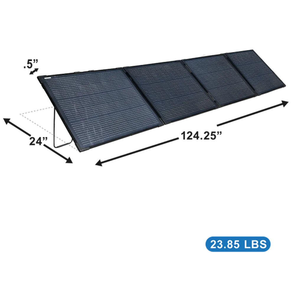Foldable solar panel for AIMS Power portable generator showing 124.25-inch length, 24-inch depth, and 23.85 lb weight.