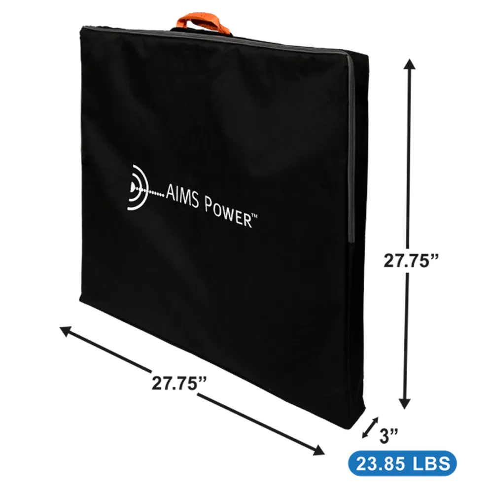 AIMS Power black solar panel carrying case with orange handle, 27.75 x 27.75 x 2 inches dimensions, and 23.85 lb weight.