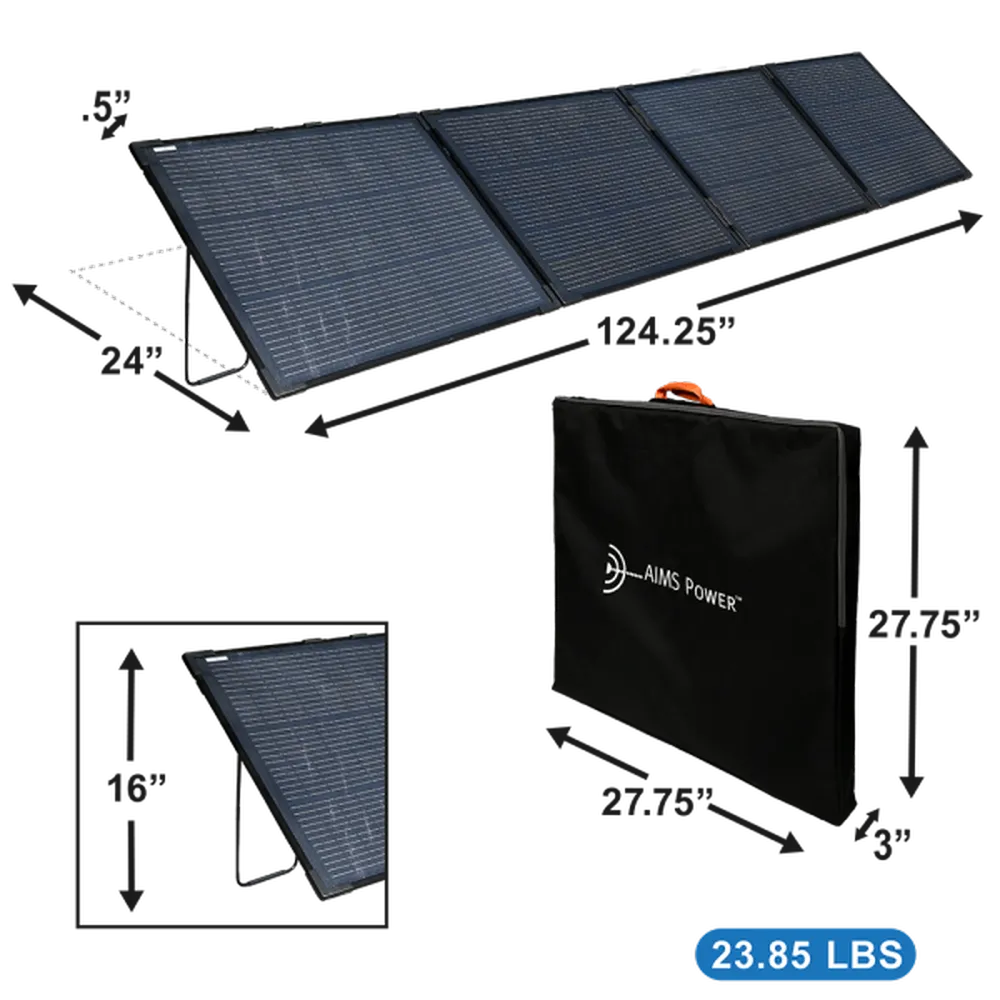 Foldable AIMS Power solar panel and carrying case with dimensions, 23.85 lb weight, and compact portable design.