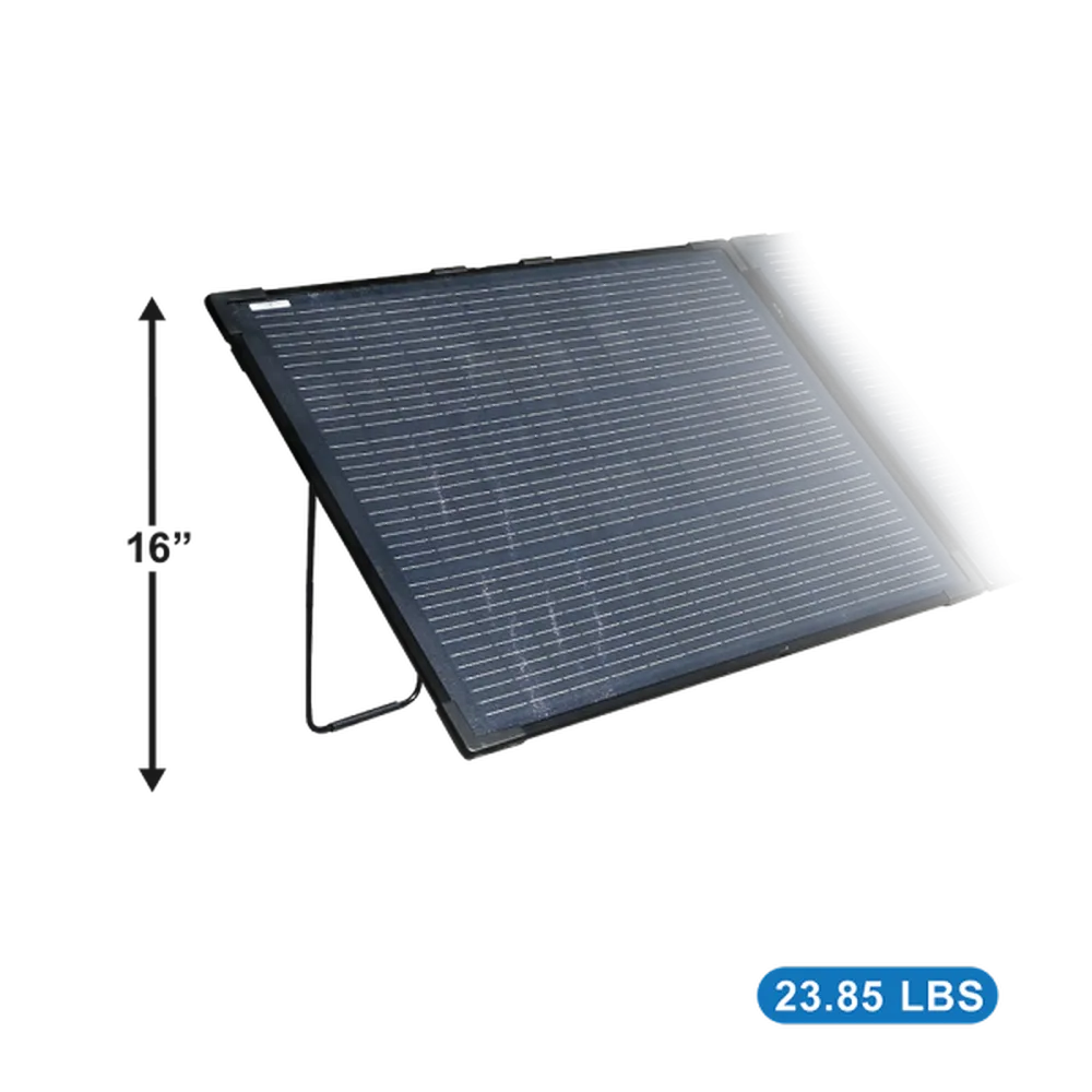 Angled close-up of foldable solar panel with support stand, 16-inch height, and 23.85 lb weight for portable power charging.