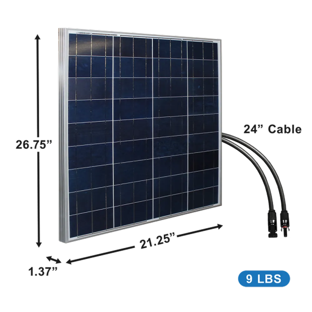 Angled front view of AIMS Power 50W monocrystalline solar panel with dark blue photovoltaic cells, silver frame, 24-inch cable connectors, and dimension callouts showing 26.75 inches high, 21.25 inches wide, 1.37 inches deep, and 9 lbs weight.