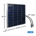 Angled front view of AIMS Power 50W monocrystalline solar panel with dark blue photovoltaic cells, silver frame, 24-inch cable connectors, and dimension callouts showing 26.75 inches high, 21.25 inches wide, 1.37 inches deep, and 9 lbs weight.