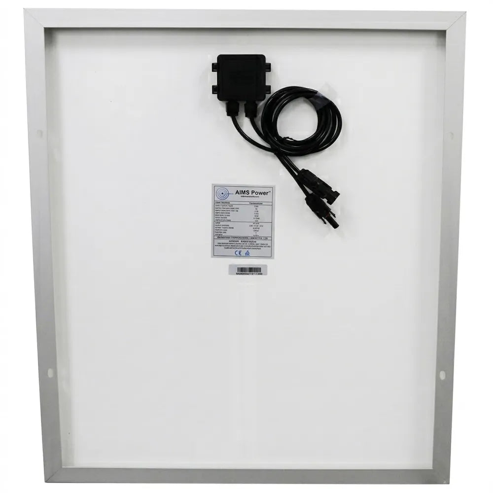 Rear view of AIMS Power 50W monocrystalline solar panel with white backing, silver aluminum frame, junction box, black connector cables, and product specification label.