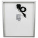Rear view of AIMS Power 50W monocrystalline solar panel with white backing, silver aluminum frame, junction box, black connector cables, and product specification label.