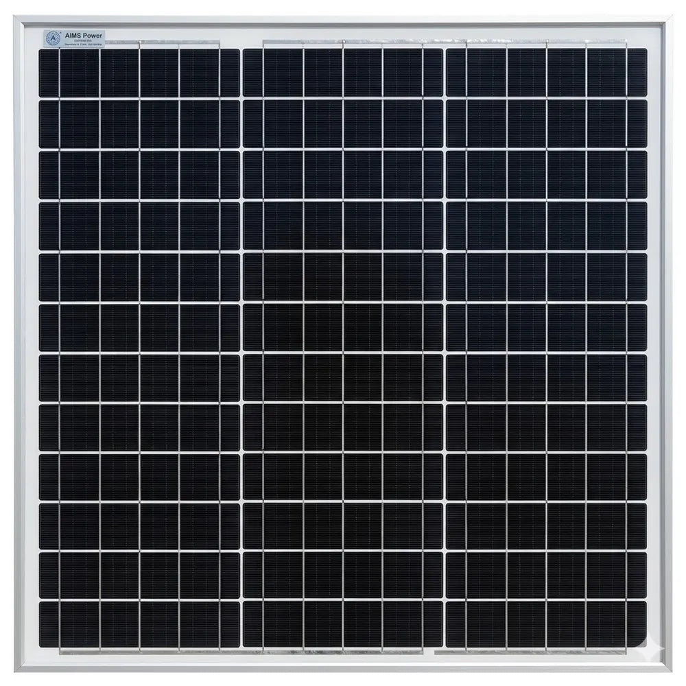 Front view of AIMS Power 50W monocrystalline solar panel featuring a grid of black solar cells, silver aluminum frame, and small AIMS Power label in the top-left corner.