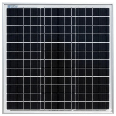 Front view of AIMS Power 50W monocrystalline solar panel featuring a grid of black solar cells, silver aluminum frame, and small AIMS Power label in the top-left corner.