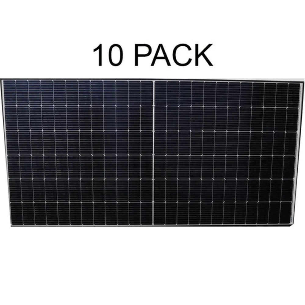 AIMS Power 555W monocrystalline solar panel 10 pack with large black photovoltaic cell grid and silver frame, labeled “10 PACK” for high-capacity renewable energy and off-grid solar installations.