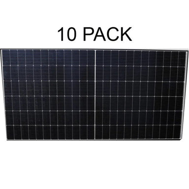 AIMS Power 555W monocrystalline solar panel 10 pack with large black photovoltaic cell grid and silver frame, labeled “10 PACK” for high-capacity renewable energy and off-grid solar installations.