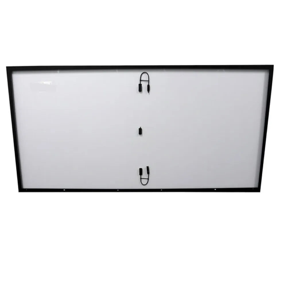 Rear view of large monocrystalline solar panel with black frame, white backing, and connector cables for AIMS Power 555W solar panel installation.