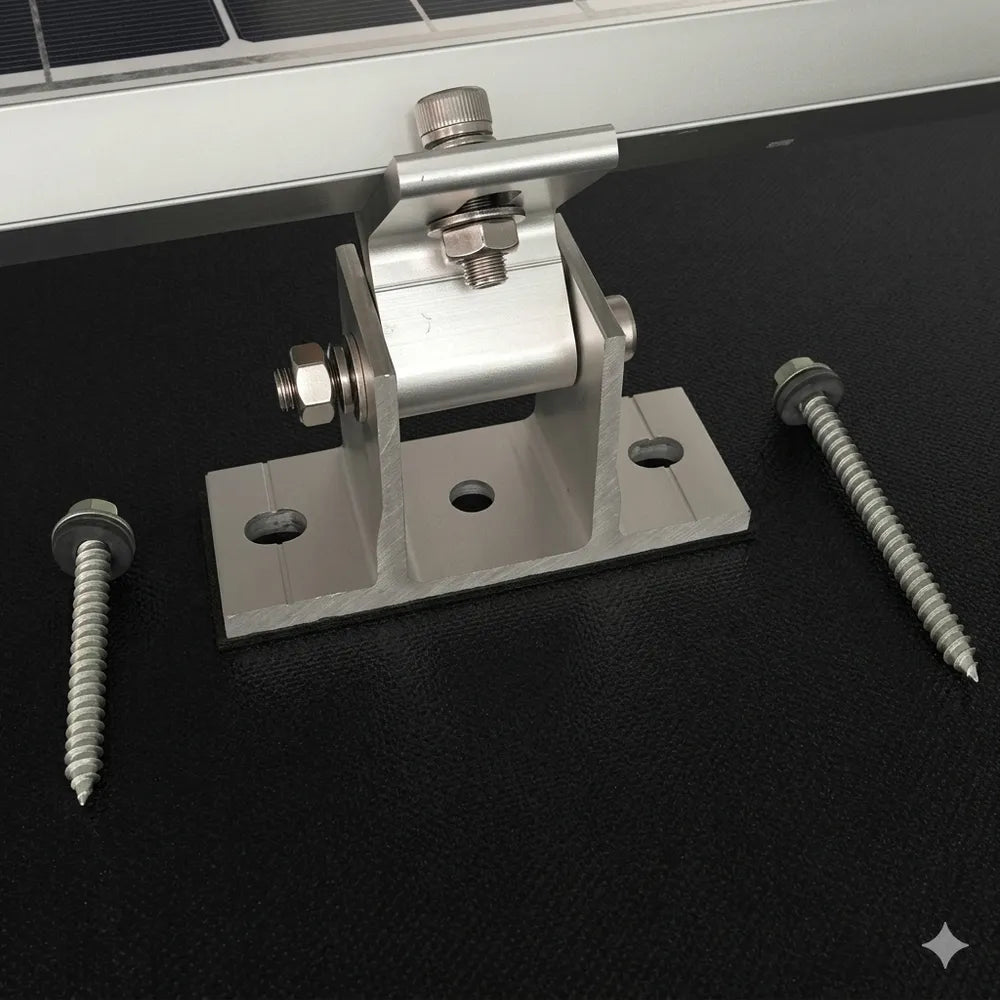 Close-up of AIMS Power universal solar panel mount hardware with aluminum adjustable tilt bracket, hinge bolts, mounting base holes, and lag screws for securing a solar panel to a flat roof or surface.