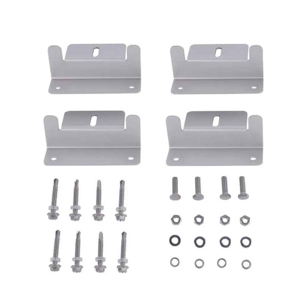 AIMS Power solar panel Z bracket mount kit with four silver aluminum Z brackets, self-drilling screws, bolts, nuts, flat washers, and lock washers for photovoltaic panel installation.