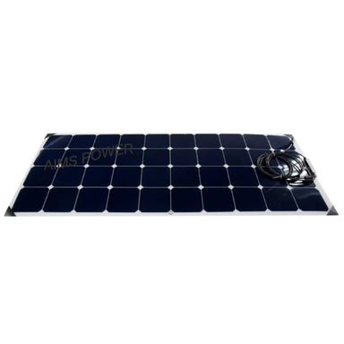 AIMS Power 130W flexible solar panel lying flat with attached black output cables, slim profile, and dark monocrystalline solar cells.