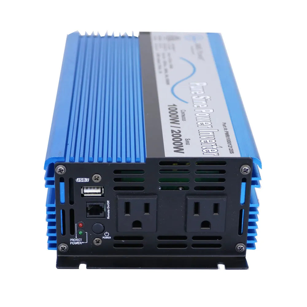 Front panel of AIMS Power 1000W pure sine inverter showing dual AC outlets, USB port, remote on/off port, power and protect indicators, and vented black faceplate.