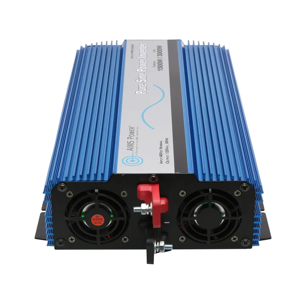 AIMS Power 1200W pure sine inverter with transfer switch, dual cooling fans, red and black DC input terminals, and blue finned aluminum chassis.
