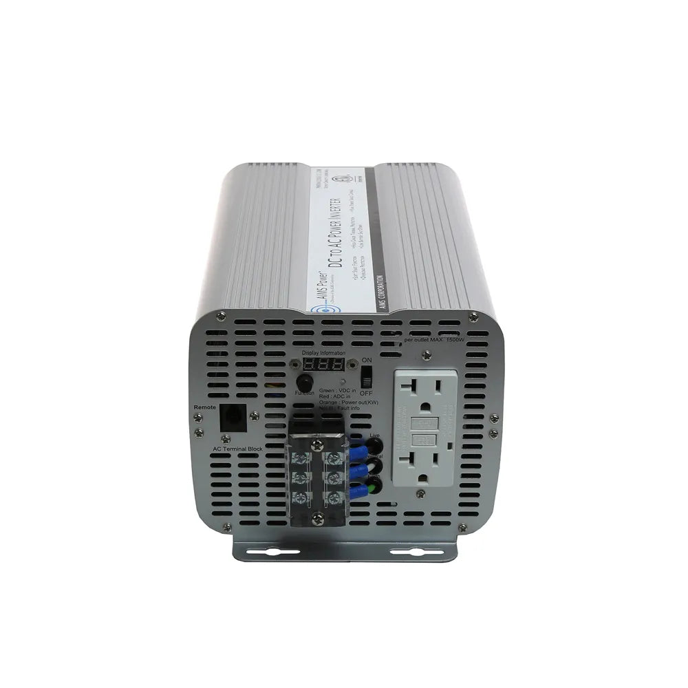 AIMS Power 2000W GFCI inverter ETL Listed UL458 with AC terminal block, GFCI outlet, remote port, and display.