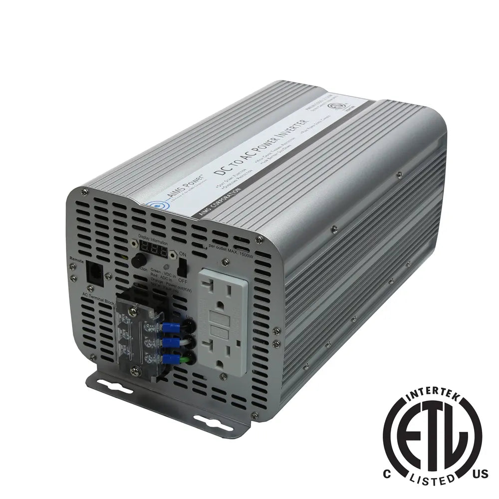 AIMS Power 2000W GFCI inverter ETL Listed UL458 with GFCI outlet, AC wiring block, and rugged aluminum housing.