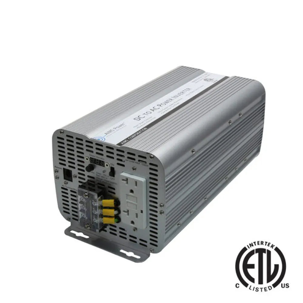 AIMS Power 3000W modified sine inverter ETL UL458 with GFCI outlet, wiring terminals, and rugged aluminum housing.