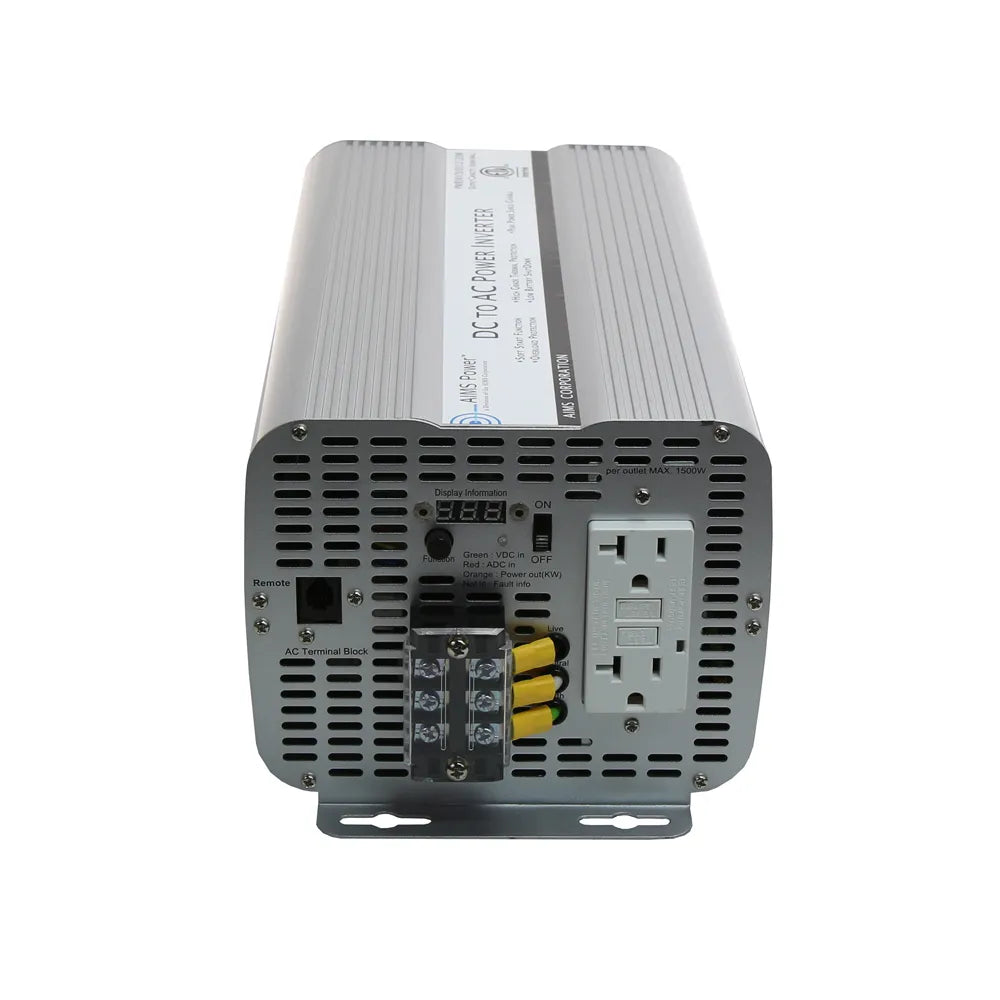AIMS Power 3600W modified sine inverter with GFCI outlet, AC wiring terminals, remote port, and vented case.
