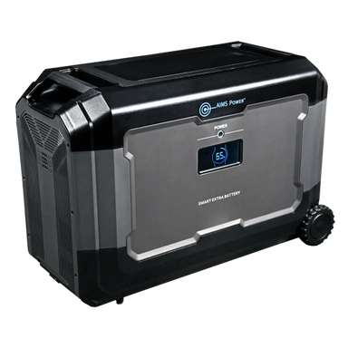 AIMS Power AIO-5KWHBAT extender battery with rugged black and gray housing, side wheel, power button, and blue LCD showing 65% charge.