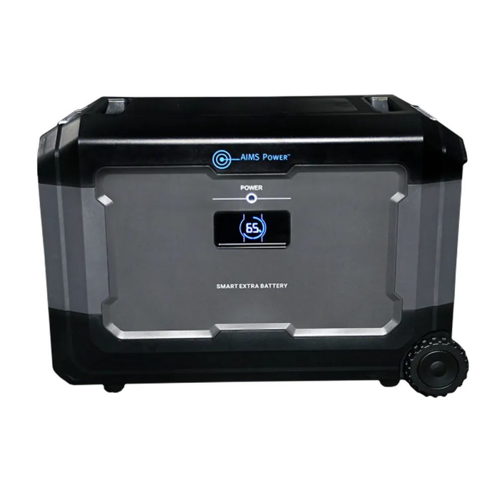 Front view of AIMS Power smart extra battery with centered power display, 65% battery indicator, AIMS Power logo, and small side wheel.