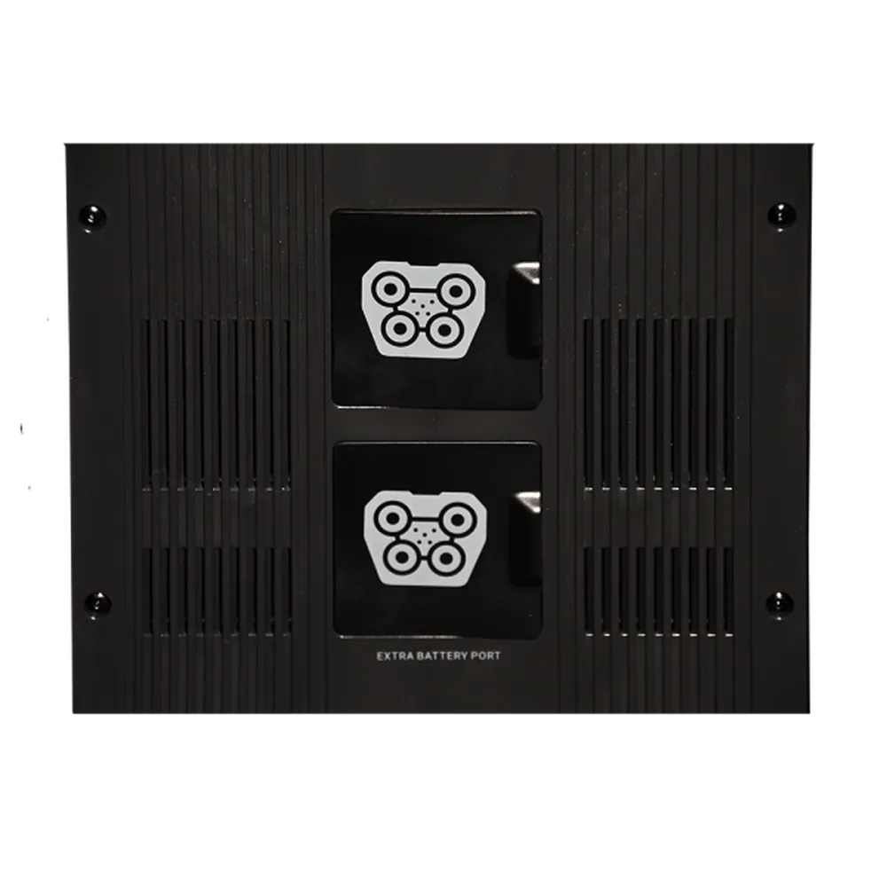 Close-up of AIMS Power extra battery port panel with two covered connector sockets and vented black side housing.