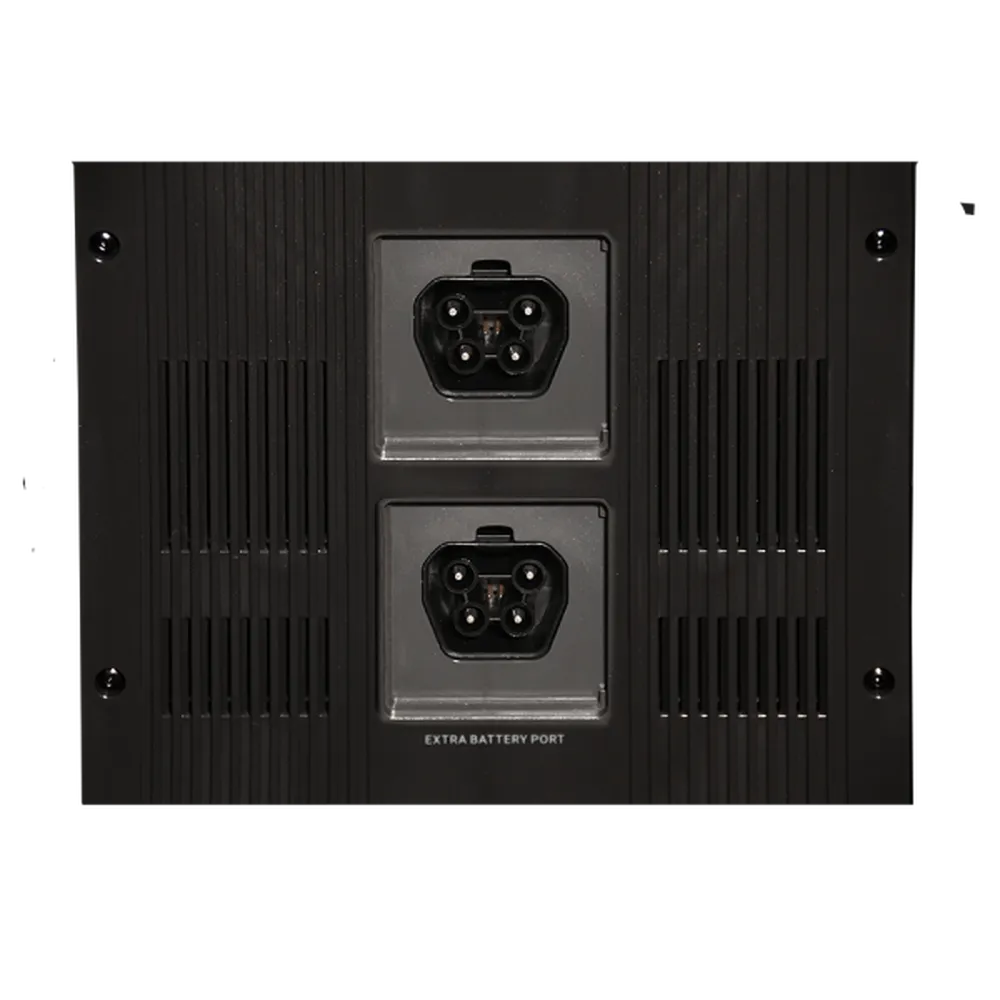 Open extra battery port panel on AIMS Power extender battery showing two recessed multi-pin connector sockets labeled extra battery port.
