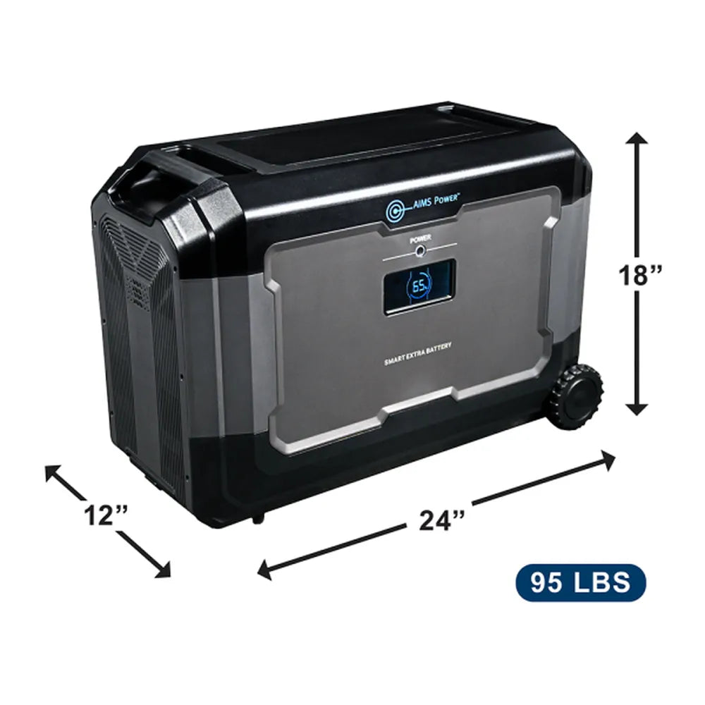 AIMS Power AIO-5KWHBAT smart extra battery showing dimensions 24 x 12 x 18 inches and 95 lb weight.