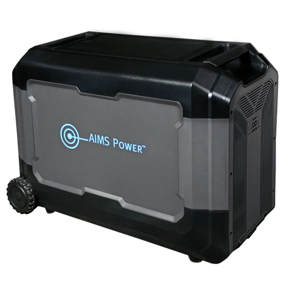Rear angled view of AIMS Power extender battery with AIMS Power logo, gray side panel, built-in handle, vented end cap, and small transport wheel.