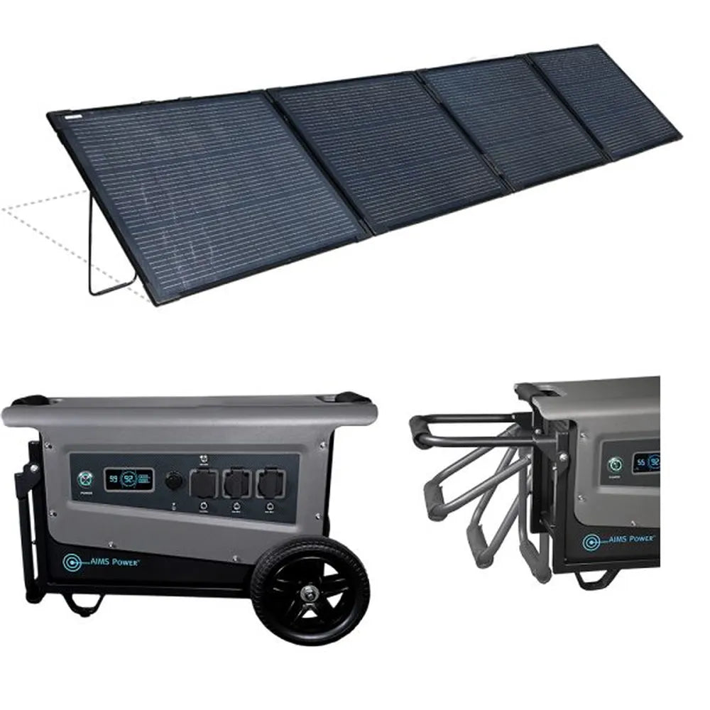AIMS Power  portable solar generator kit with foldable solar panel, wheeled power station, and extendable handle.