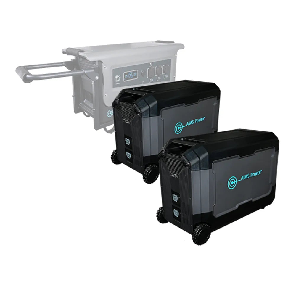 AIMS Power portable power station system showing two smart extra batteries connected with a wheeled generator unit for expanded storage.