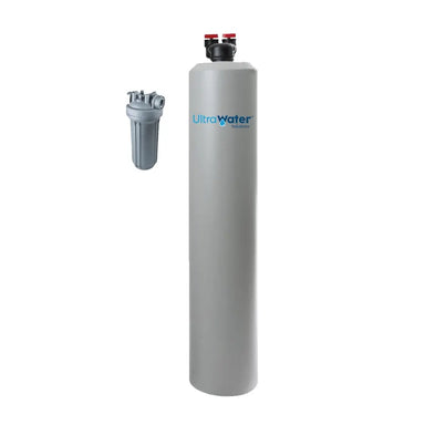 AlkaViva UltraHome Premium Whole Home Filtration system featuring the main UltraWater gray tank alongside a compact sediment pre-filter housing.