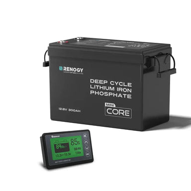 Renogy Core Mini 12.8V 300Ah LiFePO4 deep cycle battery with an external battery monitor displaying charge level, voltage, and current.