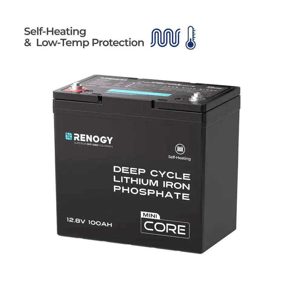 Renogy DuoHeat 12V 100Ah Mini Core LiFePO4 battery with integrated self heating and low temperature protection icons.