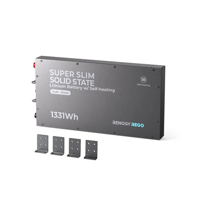 Renogy Rego 12V 104Ah Super Slim Solid State LiFePO4 Battery with four mounting brackets on white background.