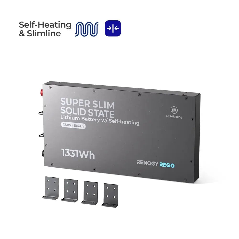 Renogy Rego 12V 104Ah Slim LiFePO4 Battery showing self-heating and slimline feature badges.
