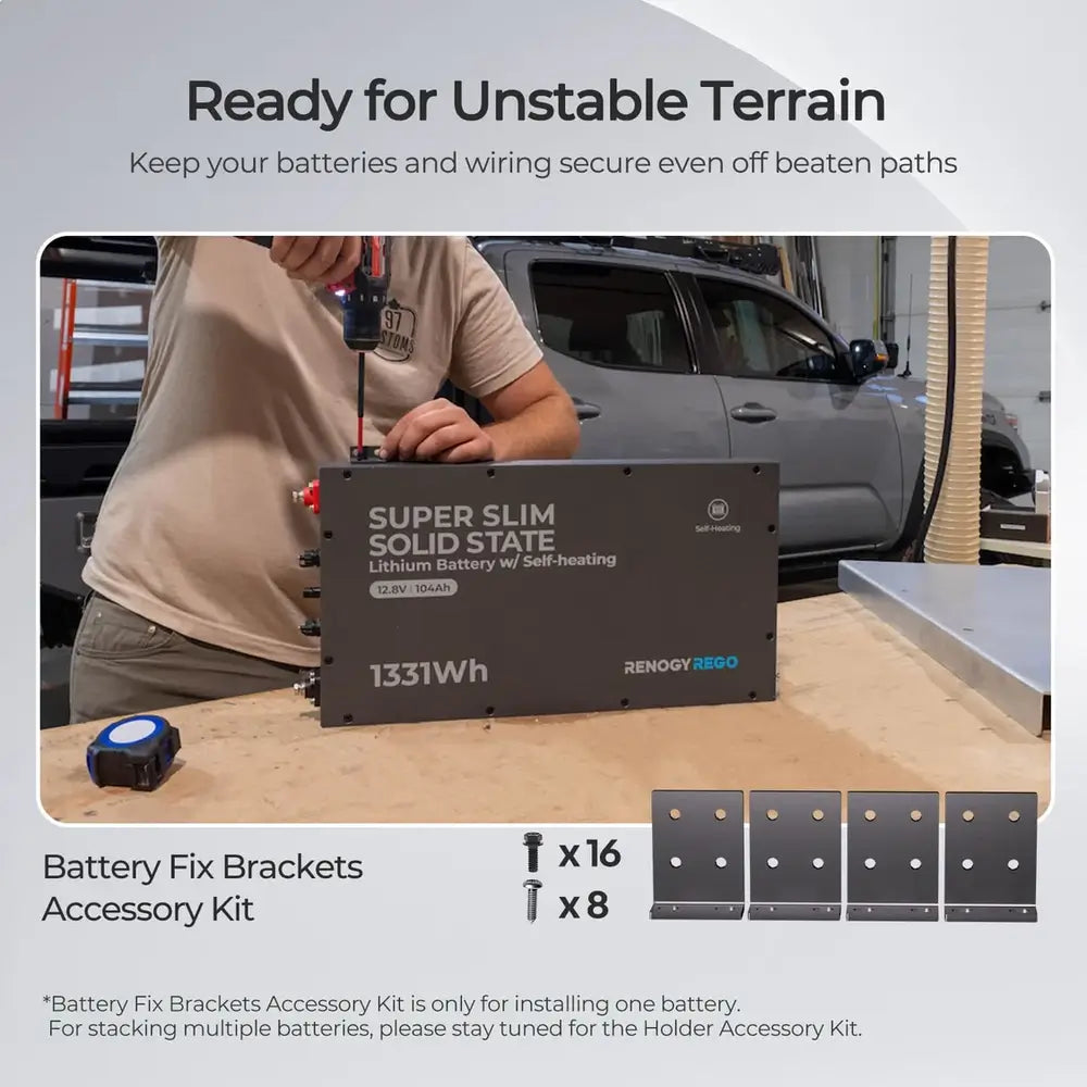 Installing a Renogy Rego 12V 104Ah Slim battery in a truck using the battery fix brackets accessory kit.