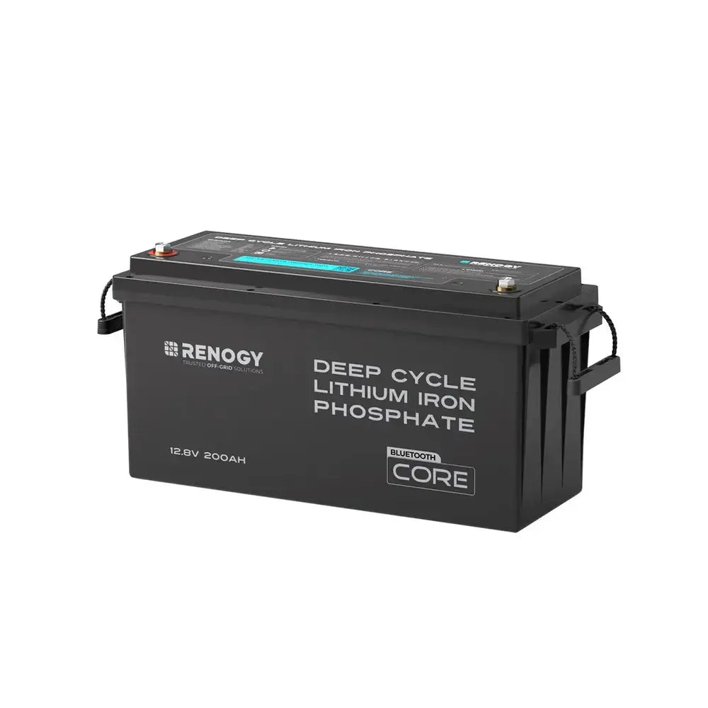 Studio product photo of the black Renogy Core 12.8V 200Ah Deep Cycle Lithium Iron Phosphate battery with integrated Bluetooth on a clean white background.