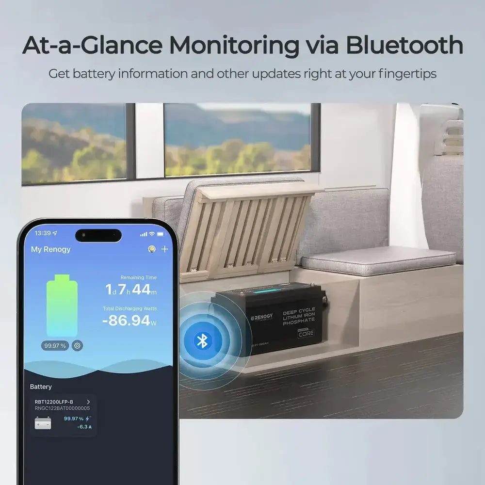 Smartphone displaying the My Renogy mobile application via Bluetooth to monitor the real-time capacity, discharging watts, and remaining runtime of a 12V 200Ah lithium battery installed under an RV bench.