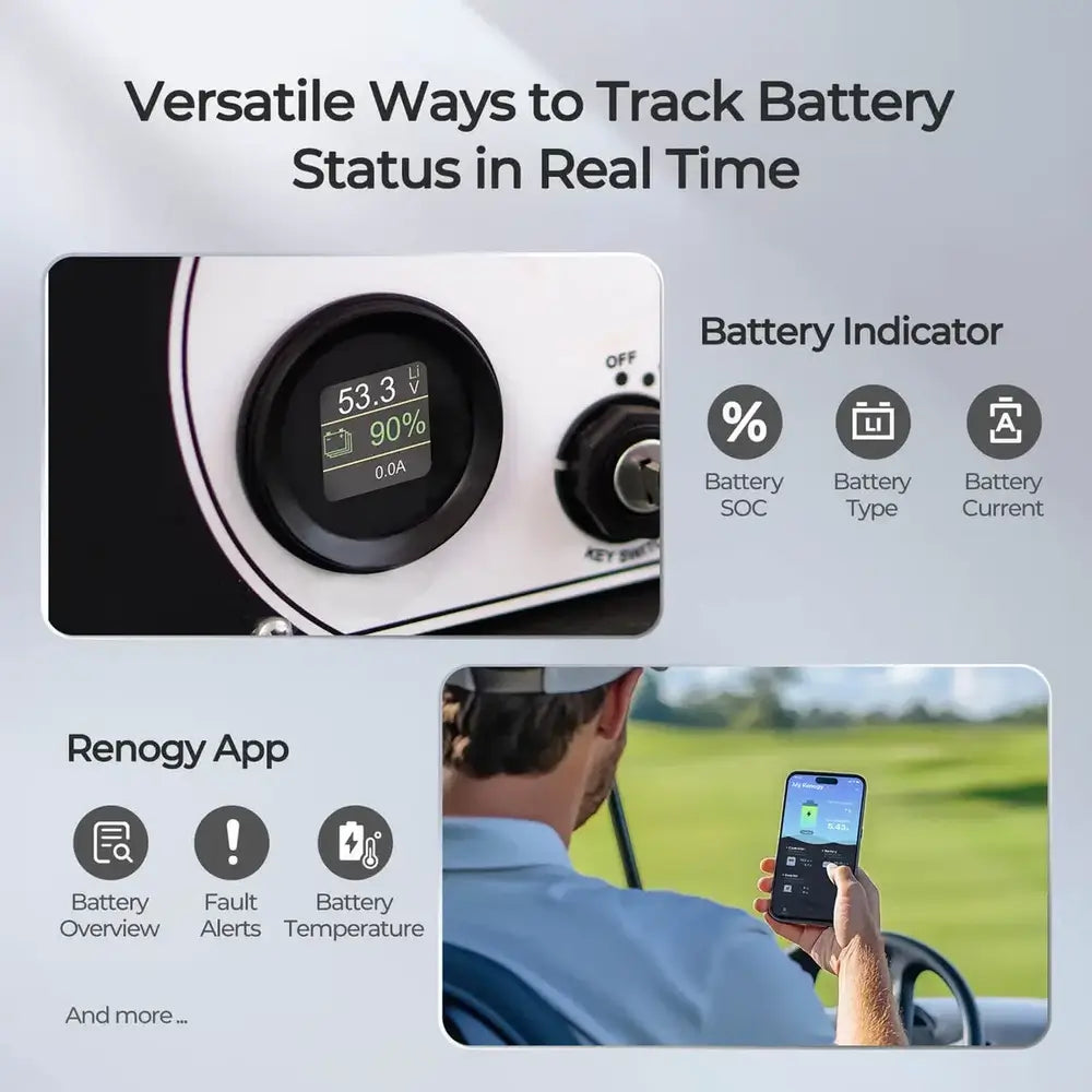 Real-time monitoring options for Renogy golf cart battery via digital dash battery indicator gauge and mobile app.