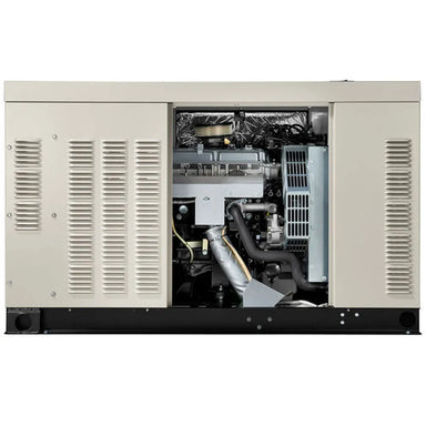 Open Generac RG02224 22kW liquid-cooled generator showing internal engine components