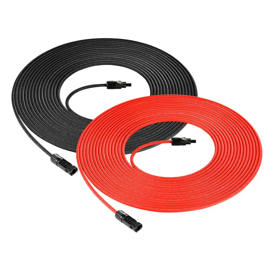 Coiled Rich Solar 50ft red and black solar extension cables with male and female PV connectors.