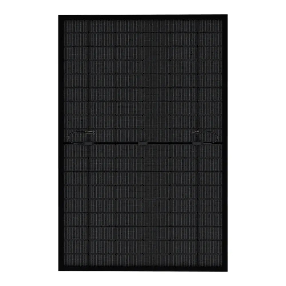 Rear view of Rich Solar MEGA 430W bifacial solar panel RS-M430BF showing junction boxes and split-cell wiring.