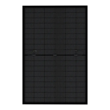Rear view of Rich Solar MEGA 430W bifacial solar panel RS-M430BF showing junction boxes and split-cell wiring.