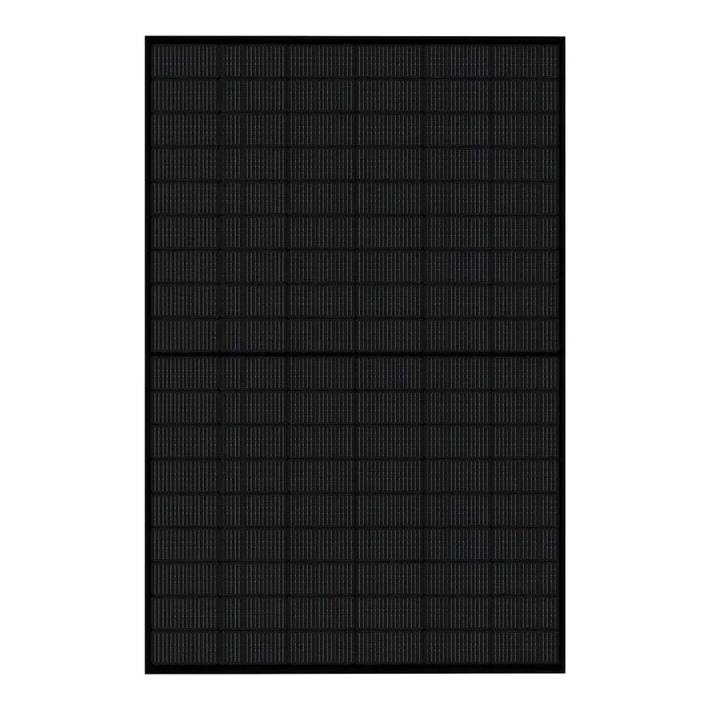 Front view of all-black Rich Solar MEGA 430W bifacial solar panel RS-M430BF monochrome design.