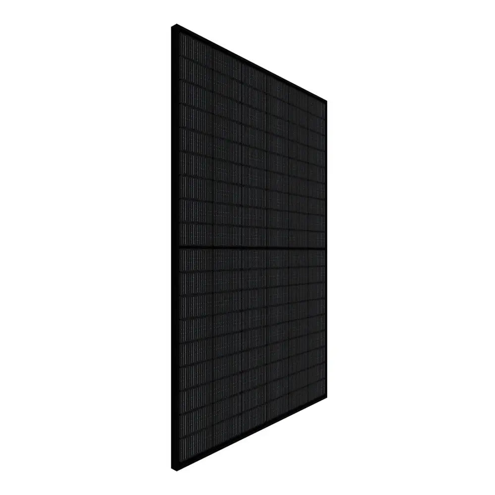 Angled side profile view of Rich Solar MEGA 430W bifacial monocrystalline solar panel.